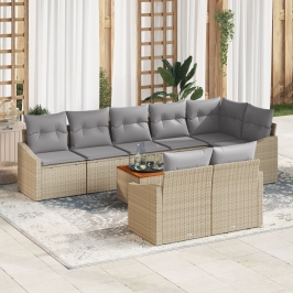 Juego de Sofá de Jardín  de 9 Piezas con Cojines Beige Polirratán Acacia