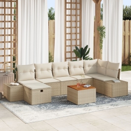 Juego de Sofá de Jardín de 8 Piezas con Cojines Beige Poliratán