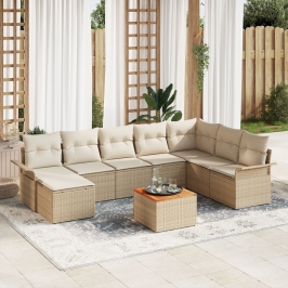 Juego de Sofás de Jardín de 9 Piezas con Cojines Beige Ratán Polipropileno Acacia