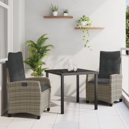 Conjunto de Comedor de Jardín de 3 Piezas con Cojines Grises Poliratán
