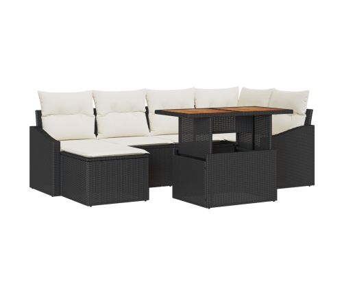 Conjunto de Comedor de Jardín de 7 Piezas con Cojines en Negro Poliratán Acacia