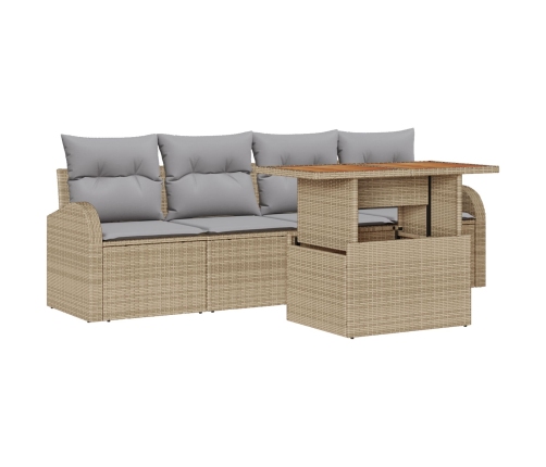 Set de Comedor de Jardín de 5 Piezas con Cojines Beige Poliratán Acacia