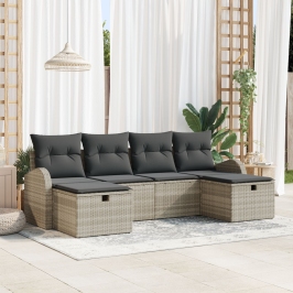 Set de Sofá de Jardín de 6 Piezas con Cojines Gris Claro Ratán Poliéster