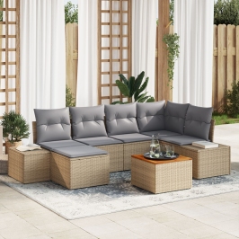Juego de Sofá de Jardín de 7 Piezas con Cojines Beige Poliratán Acacia