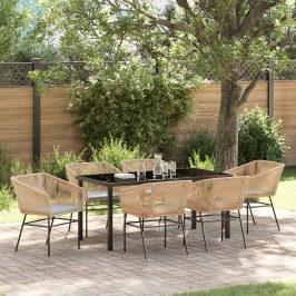 Set de Comedor de Jardín  de 7 Piezas con Cojines Marrón Ratán Poliéster