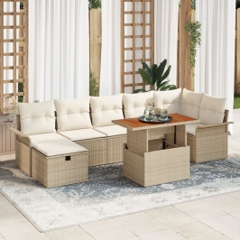 Set de sofá de jardín de 8 piezas con cojines beige de ratán sintético