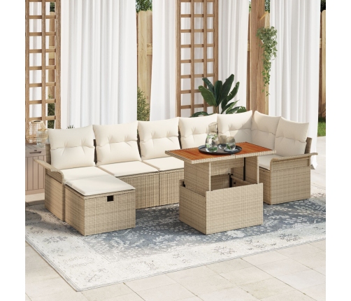 Set de sofá de jardín de 8 piezas con cojines beige de ratán sintético