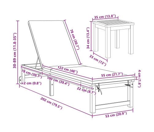Tumbona  con mesa de madera de acacia, Tumbona  de madera de acacia