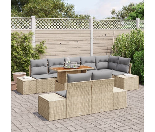 Juego de Comedor de Jardín de 9 Piezas con Cojines Beige Poliratán Acacia