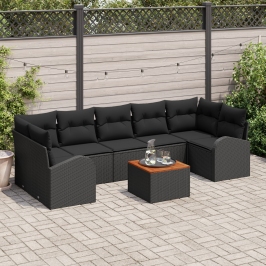 Conjunto de Sofá de Jardín de 8 Piezas con Cojines Negros de Polirratán Acacia