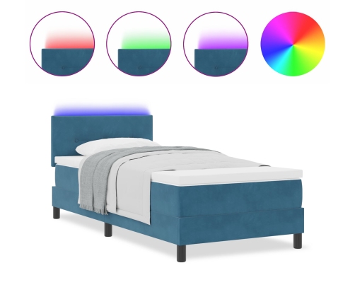 Cama Box Spring  con colchón y LED Azul Oscuro 90x200 cm de terciopelo