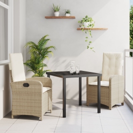 Set de Comedor de Jardín de 3 Piezas con Cojines Beige Poliratán