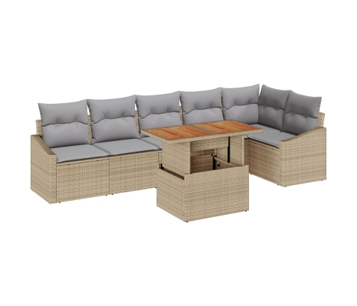 Conjunto de Comedor de Jardín de 7 Piezas con Cojines Beige de Poliratán y Acacia