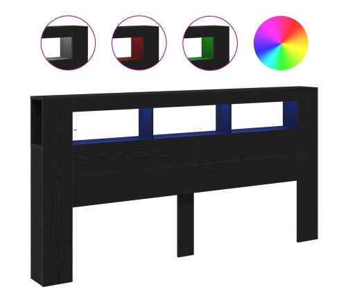 Cabecero de Almacenamiento  con Luces LED Roble Negro 200x18,5x103,5 cm
