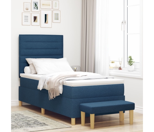 Cama con base de resortes  con colchón y banco azul 100x200 cm tela