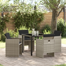 Conjunto de Comedor Jardinero de 5 Piezas con Cojines de Ratan PE Gris Claro