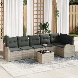 Set de Sofá de Jardín de 7 Piezas con Cojines Gris Poliratán