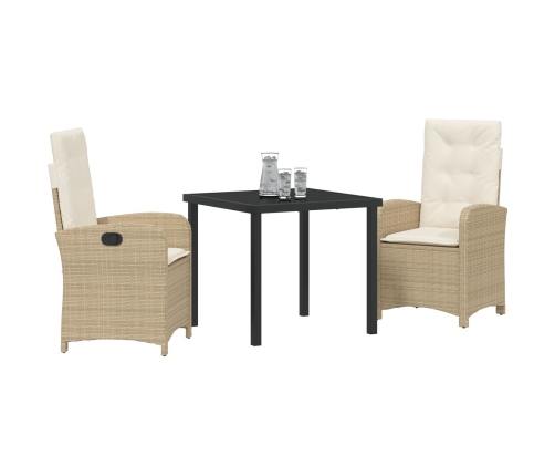 Set de Comedor de Jardín de 3 Piezas con Cojines Beige Poliratán