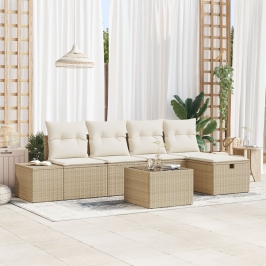 Juego de Sofá de Jardín de 6 Piezas con Cojines Beige Poliratán