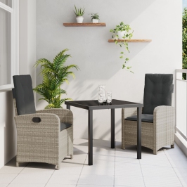 Juego de Comedor de Jardín de 3 Piezas con Cojines en Ratán Poliéster Gris Claro