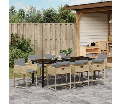 Set de Comedor de Jardín de 9 Piezas con Cojines Ratán Poliéster Beige