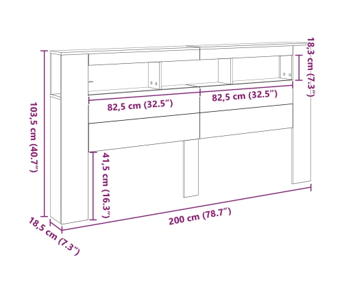 Cabecero de Almacenamiento  con Luces LED Roble Negro 200x18,5x103,5 cm