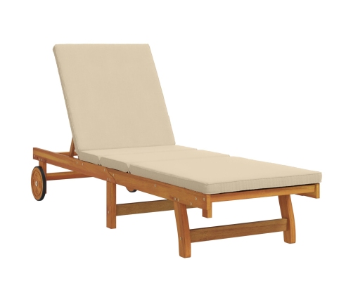 Tumbonas con ruedas de , 2 piezas, con mesa y cojín de madera de acacia maciza