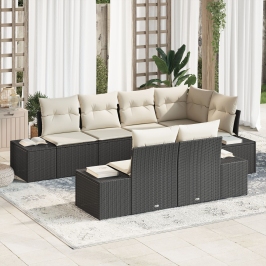 Set de Sofá de Jardín  de 7 Piezas con Cojines Negro Poliratán