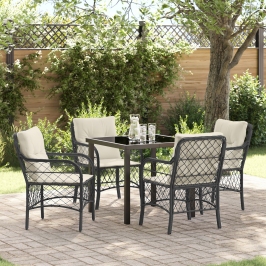 Conjunto de Comedor de Jardín de 5 Piezas con Cojines Negro Ratán Sintético