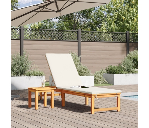 Tumbona con Mesa y Cojín de Madera Sólida de Acacia,  Tumbona con Cojines Crema de Madera Sólida de Acacia,  Mesa Lateral de Jardín 35x35x34 cm de Madera Sólida de Acacia