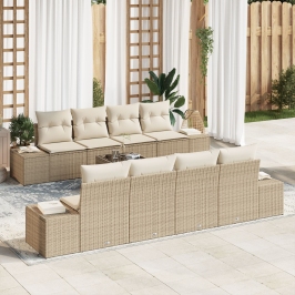 Conjunto de Sofás de Jardín de 7 Piezas con Cojines Beige de Ratán Poliéster