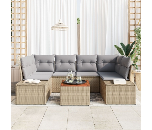 Conjunto de Sofá de Jardín  de 7 Piezas con Cojines Beige Ratán Poliéster Acacia