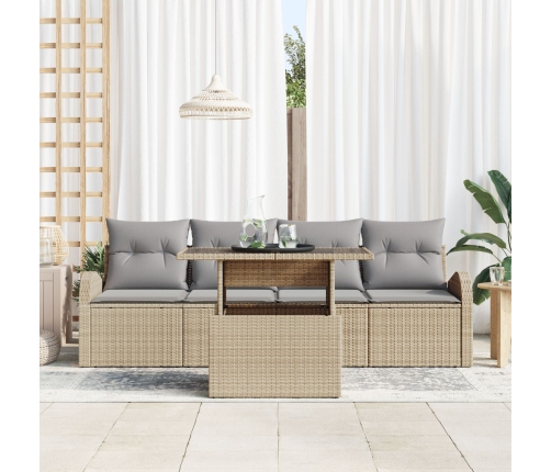 Conjunto de Sofás de Jardín de 5 Piezas con Cojines Beige de Ratán Poliéster