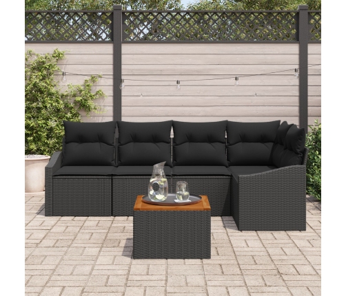 Conjunto de Sofá de Jardín de 6 Piezas con Cojines Negro Poliratán Acacia