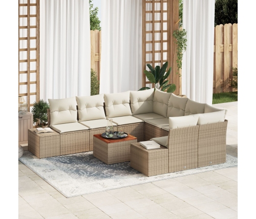 Juego de Sofá de Jardín de 9 Piezas con Cojines Beige Ratán Poliéster Acacia