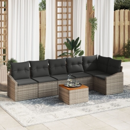 Conjunto de Sofás de Jardín 7 Piezas con Cojines Gris Polirratán Acacia