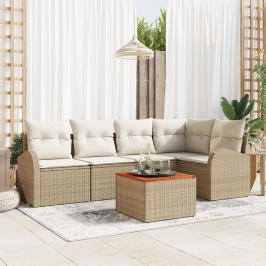 Conjunto de Sofás de Jardín  de 6 Piezas con Cojines Beige Poliratán Acacia