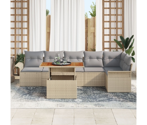 Set de Comedor de 7 Piezas para Jardín con Cojines Beige Ratán Sintético Acacia