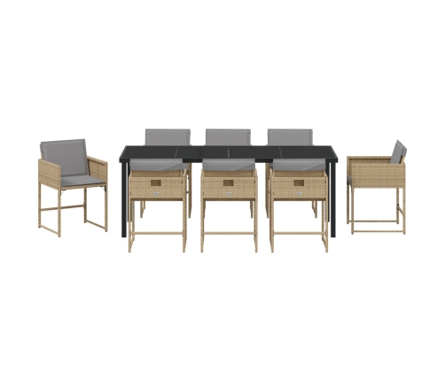 Set de Comedor de Jardín de 9 Piezas con Cojines Ratán Poliéster Beige