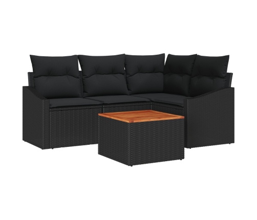 Set de Sofá de 5 Piezas  con Cojines Negro Poliratán Acacia