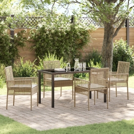 Juego de Comedor de Jardín de 5 Piezas con Cojines Beige de Ratán