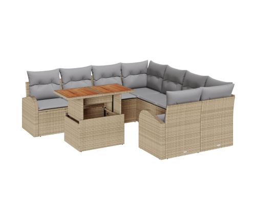 Set de Comedor de Jardín de 9 Piezas con Cojines Beige Ratán Poliéster Acacia