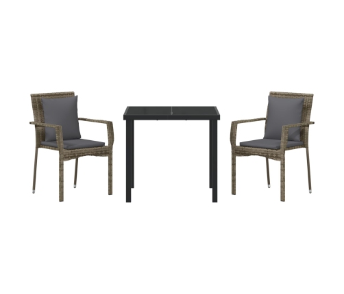 Set de Comedor de Jardín de 3 Piezas con Cojines Gris Poliratán
