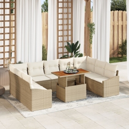 Juego de comedor de jardín de 10 piezas con cojines Beige Poliratán Acacia