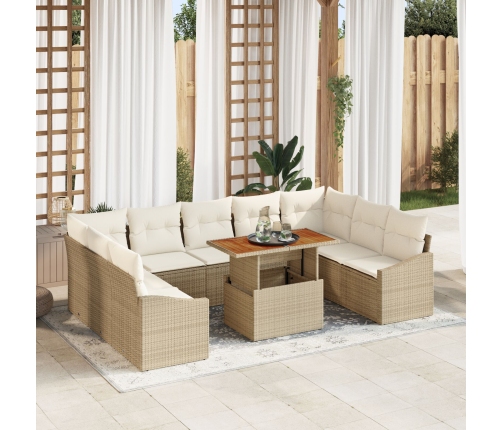 Juego de comedor de jardín de 10 piezas con cojines Beige Poliratán Acacia