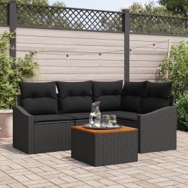 Set de Sofá de 5 Piezas  con Cojines Negro Poliratán Acacia