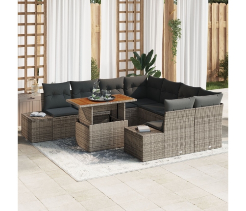 Conjunto de Sofá de Jardín de 9 Piezas con Cojines Gris Poliratán
