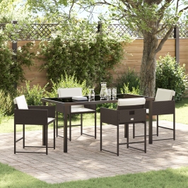 Set de Comedor de Jardín de 5 Piezas con Cojines Marrón Ratán Polímero