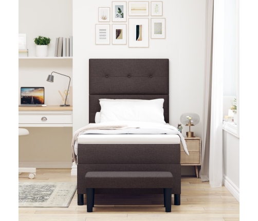 Cama con somier con colchón & banco marrón oscuro 100x200 cm tela