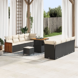Juego de Sofás de Jardín de 11 Piezas con Cojines Negro Poliratán Acacia,  Sofá de Jardín de 2 Plazas con Cojines Negro Poliratán,  Juego de Comedor de Jardín de 3 Piezas con Cojines Negro Poliratán Acacia